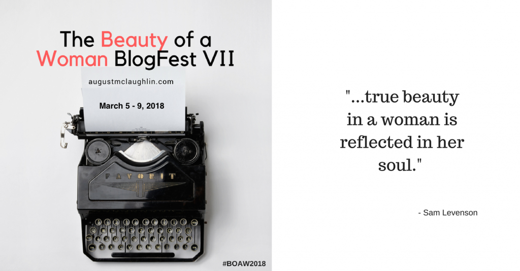 beauty of a woman 2018 blog festival logo - a typwriter with 'true beauty in a woman is reflected in her soul'